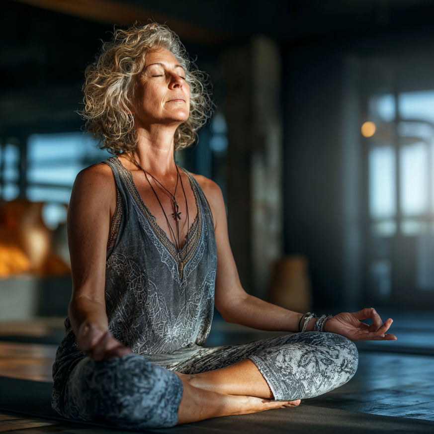 Літня жінка практикує йогу
